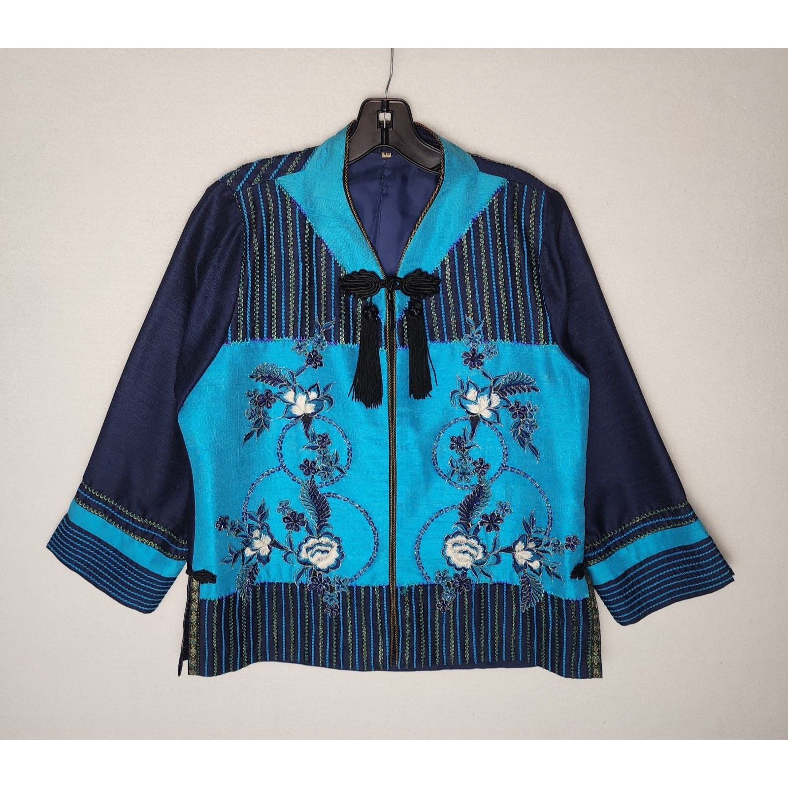 Vintage Asian Floral Jacket Embroidered Beaded Frog Closure Blue Boho Womens Xl